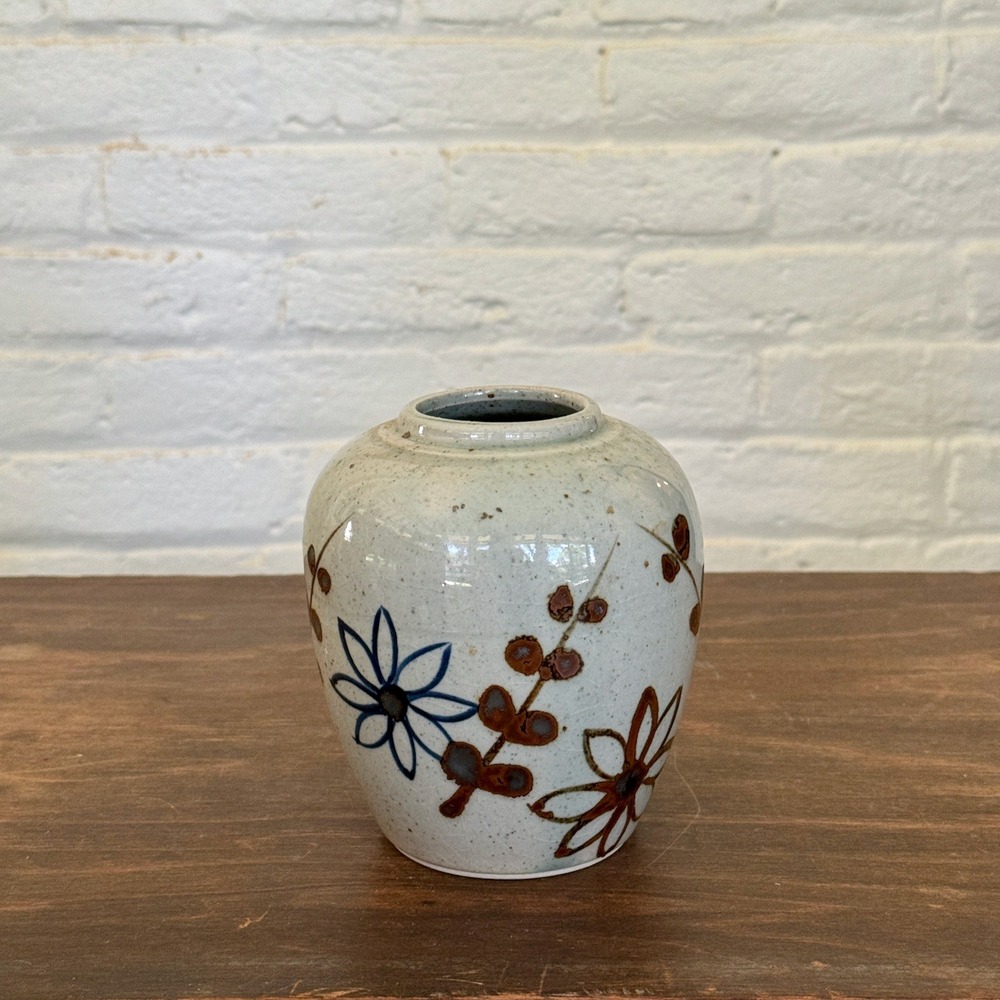 Studio Pottery Floral Bud Vase Speckled Crackle Glaze Rustic Blue Brown Cream